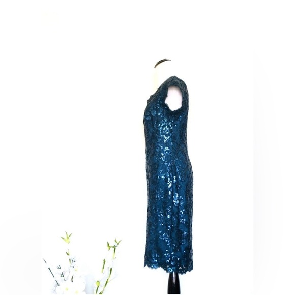 NEW! Tadashi Shoji Paillette Embroidered Lace V-Neck Dress Sequins Blue SZ 6 - Picture 9 of 14